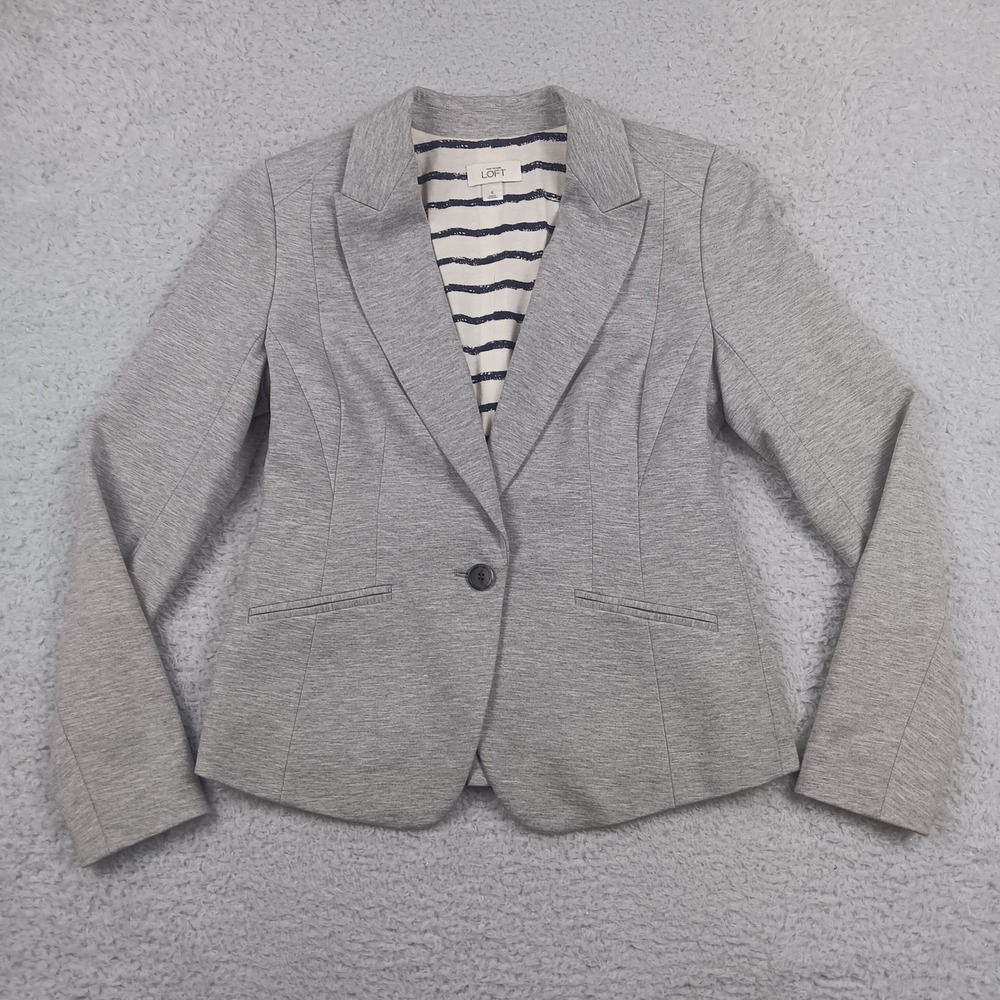 Ann Taylor Loft Blazer 4 Gray Knit Single Button Striped Lining Career Jacket